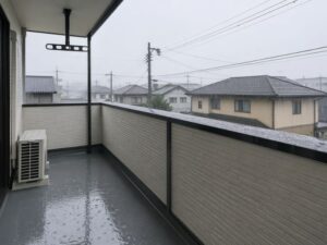 激しい雨に濡れる戸建てベランダ・防水床面